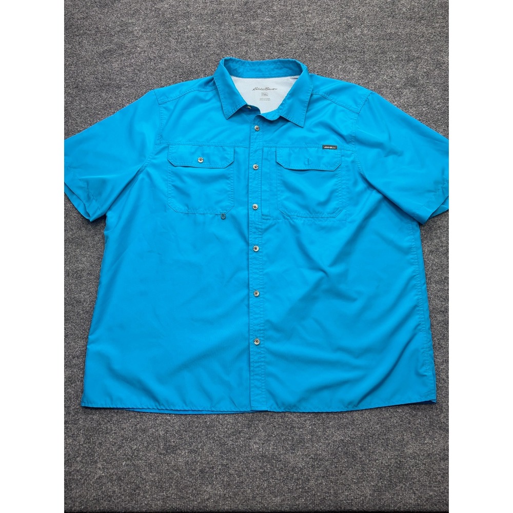 Eddie Bauer Mens XXL Blue Short Sleeve Fishing Shirt Button Up Hiking Utility